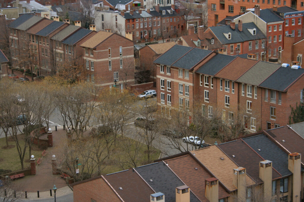 An aerial view of homes in Baltimore