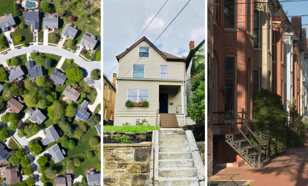 3 panes with different homes. the first is an aerial view of a neighborhood; the second is a photo of the front of a home; the third is a series of rowhomes